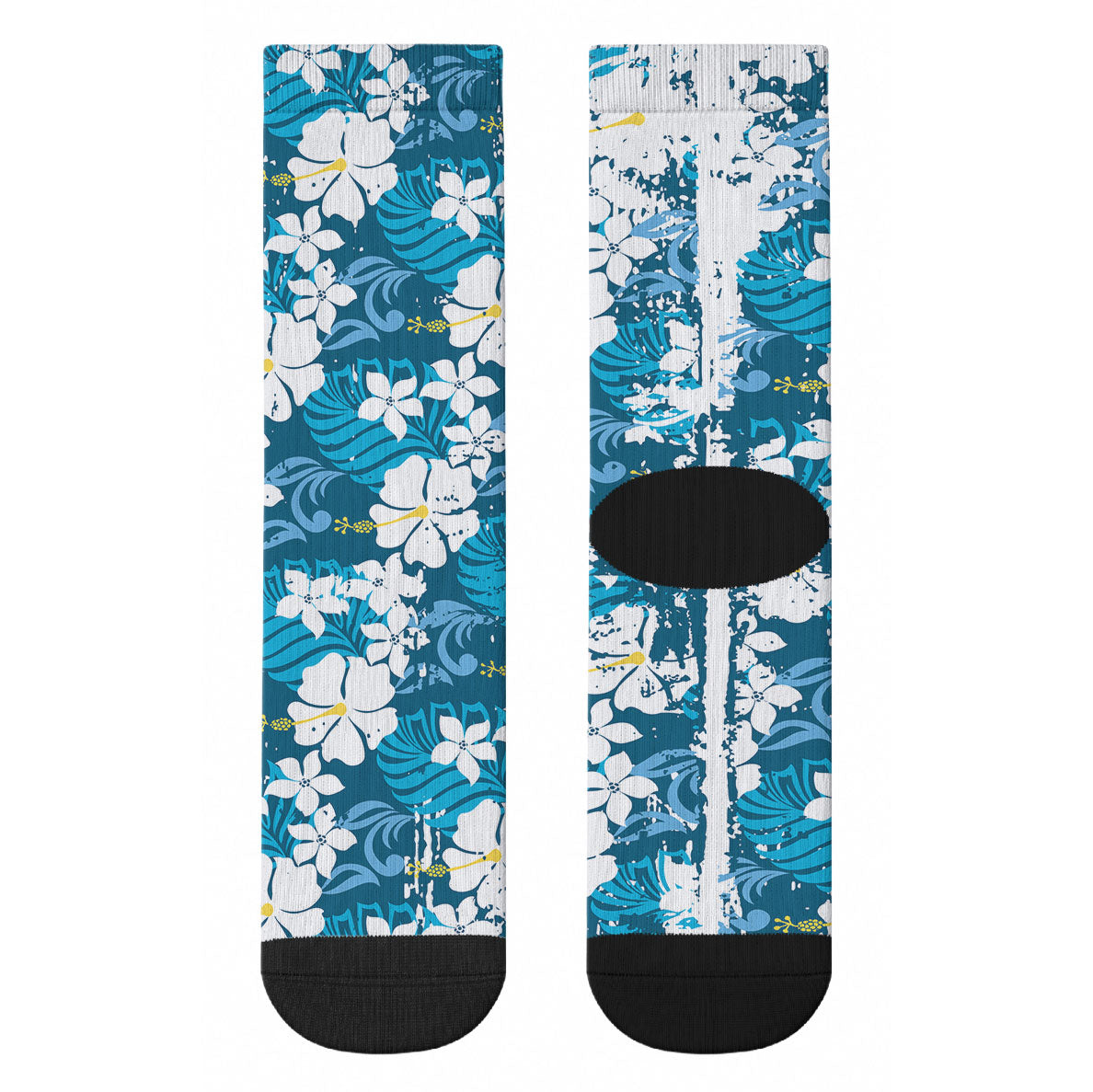 Blue Hawaiian Hibiscus Monstera Crew Socks Grunge Stylized LT01 - Polynesian Pride