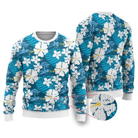Blue Hawaiian Hibiscus Monstera Ugly Christmas Sweater Grunge Stylized LT01 Blue - Polynesian Pride