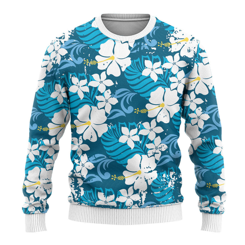 Blue Hawaiian Hibiscus Monstera Ugly Christmas Sweater Grunge Stylized LT01 - Polynesian Pride