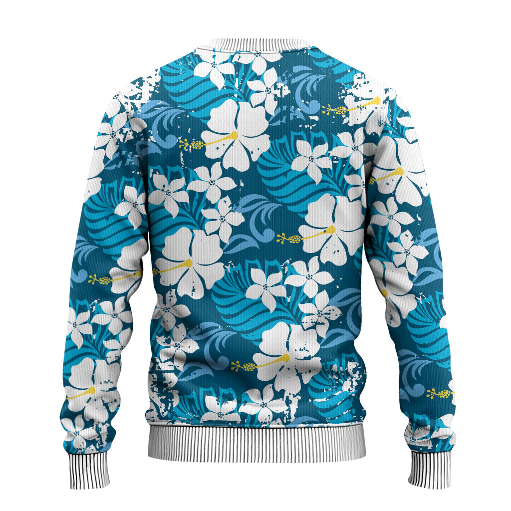 Blue Hawaiian Hibiscus Monstera Ugly Christmas Sweater Grunge Stylized LT01 - Polynesian Pride