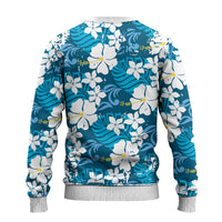 Blue Hawaiian Hibiscus Monstera Ugly Christmas Sweater Grunge Stylized LT01 - Polynesian Pride