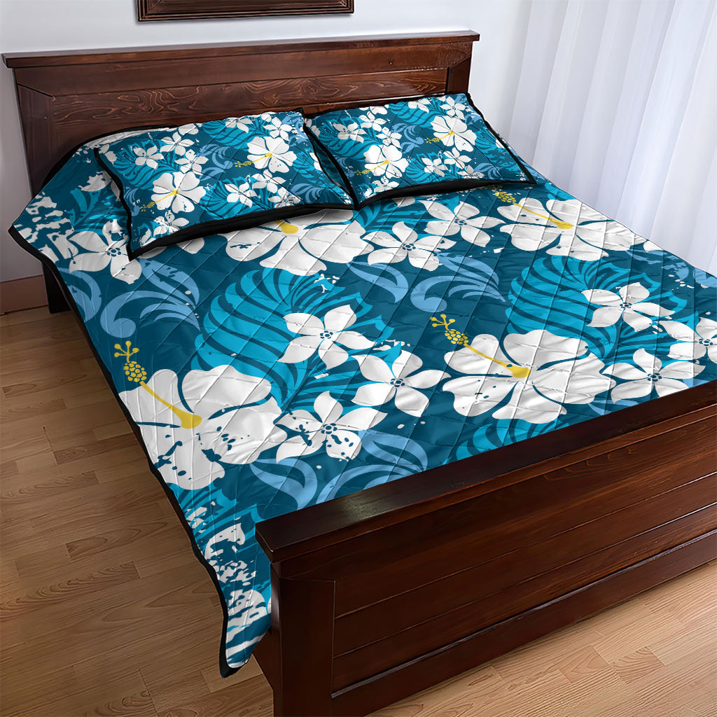 Blue Hawaiian Hibiscus Monstera Quilt Bed Set Grunge Stylized LT01 - Polynesian Pride