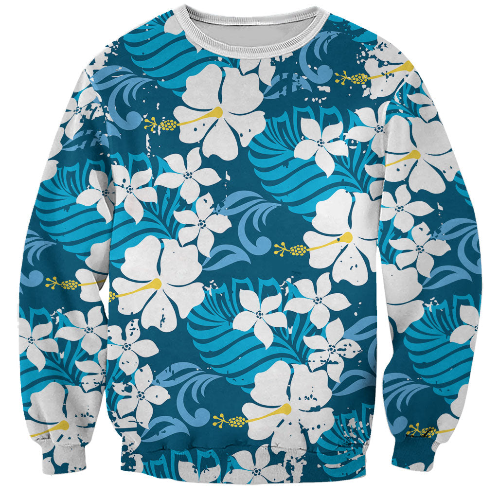 Blue Hawaiian Hibiscus Monstera Sweatshirt Grunge Stylized