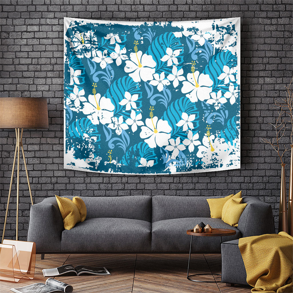 Blue Hawaiian Hibiscus Monstera Tapestry Grunge Stylized