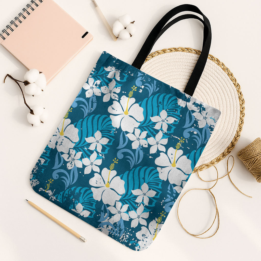 Blue Hawaiian Hibiscus Monstera Tote Bag Grunge Stylized LT01 Black Strap One Size Blue - Polynesian Pride