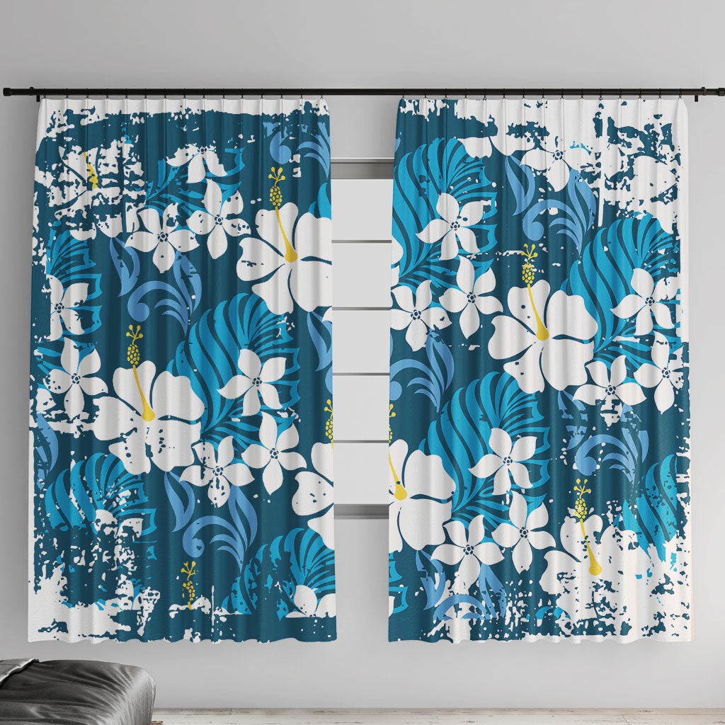 Blue Hawaiian Hibiscus Monstera Window Curtain Grunge Stylized LT01 With Hooks Blue - Polynesian Pride