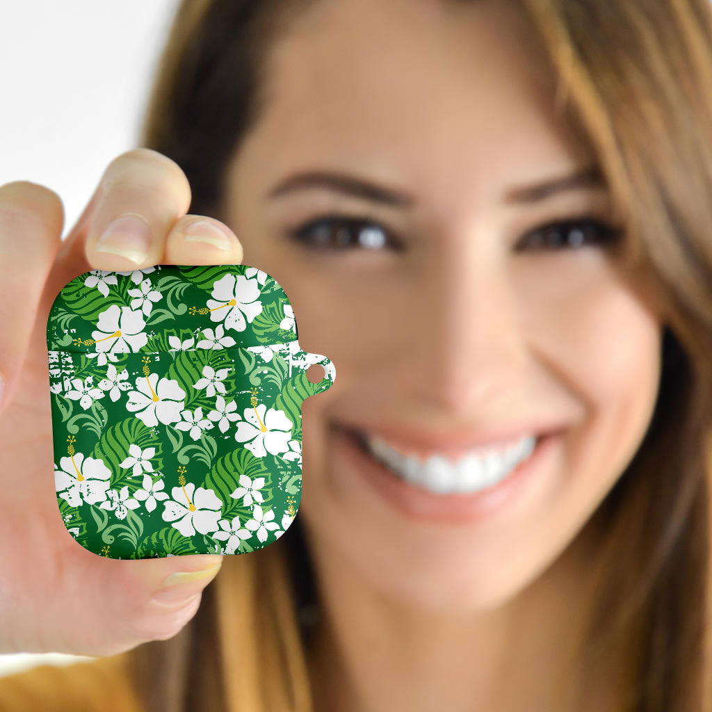 Green Hawaiian Hibiscus Monstera AirPods Case Grunge Stylized LT01 - Polynesian Pride