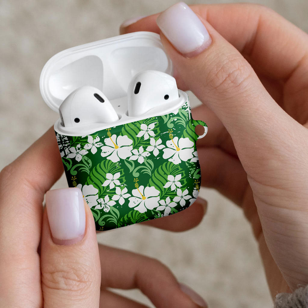 Green Hawaiian Hibiscus Monstera AirPods Case Grunge Stylized LT01 - Polynesian Pride