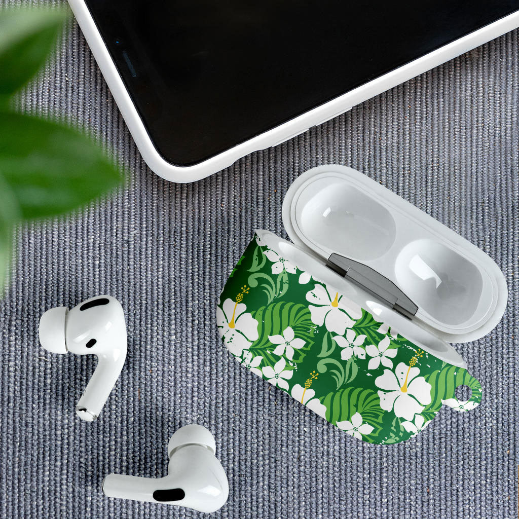 Green Hawaiian Hibiscus Monstera AirPods Case Grunge Stylized LT01 - Polynesian Pride