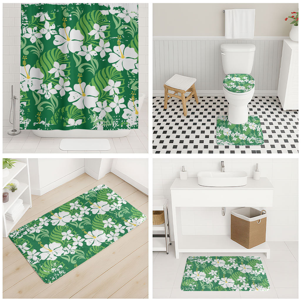Green Hawaiian Hibiscus Monstera Bathroom Set Grunge Stylized LT01 - Polynesian Pride
