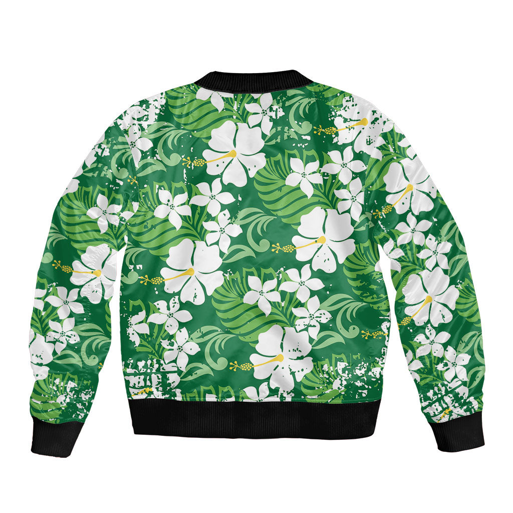 Green Hawaiian Hibiscus Monstera Bomber Jacket Grunge Stylized LT01 - Polynesian Pride