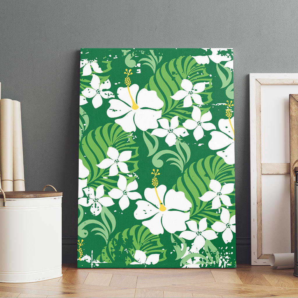 Green Hawaiian Hibiscus Monstera Canvas Wall Art Grunge Stylized LT01 - Polynesian Pride