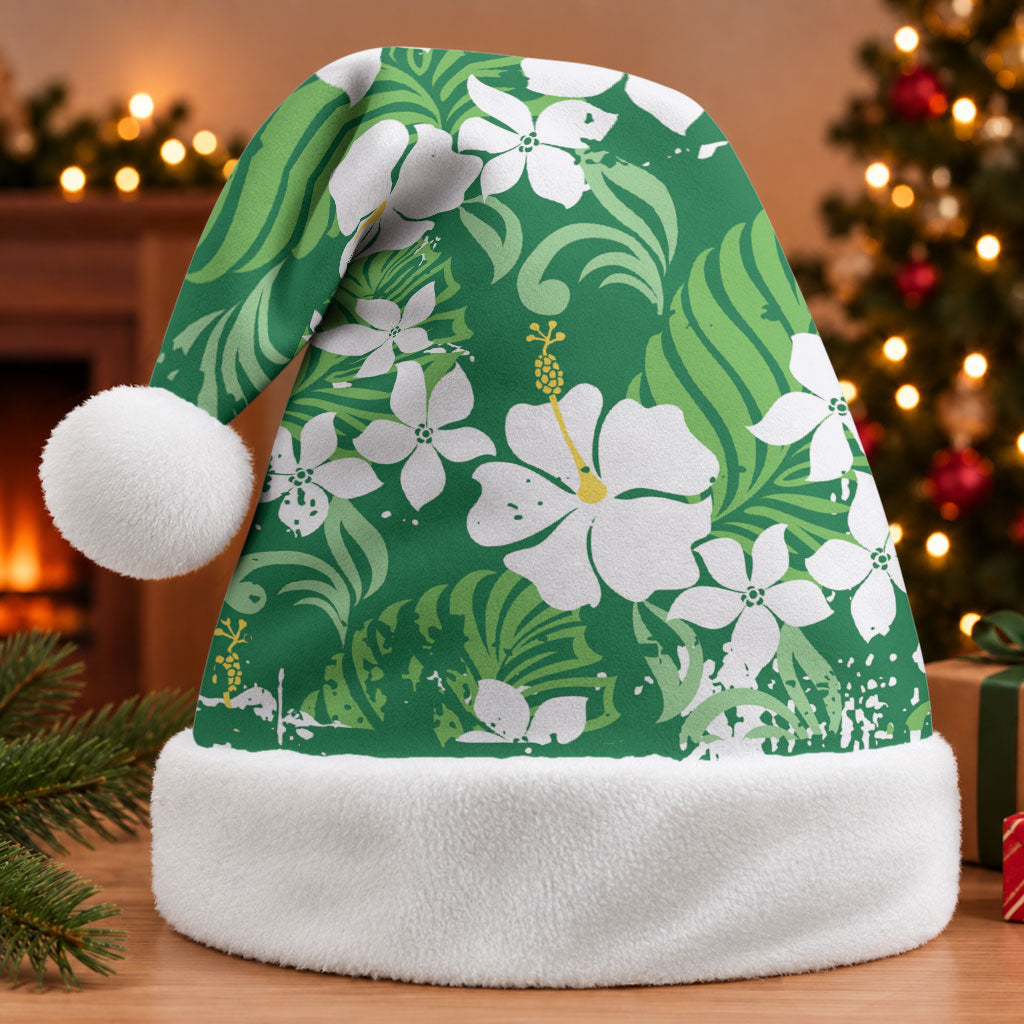 Green Hawaiian Hibiscus Monstera Christmas Santa Hat Grunge Stylized LT01 Without Fur Green - Polynesian Pride