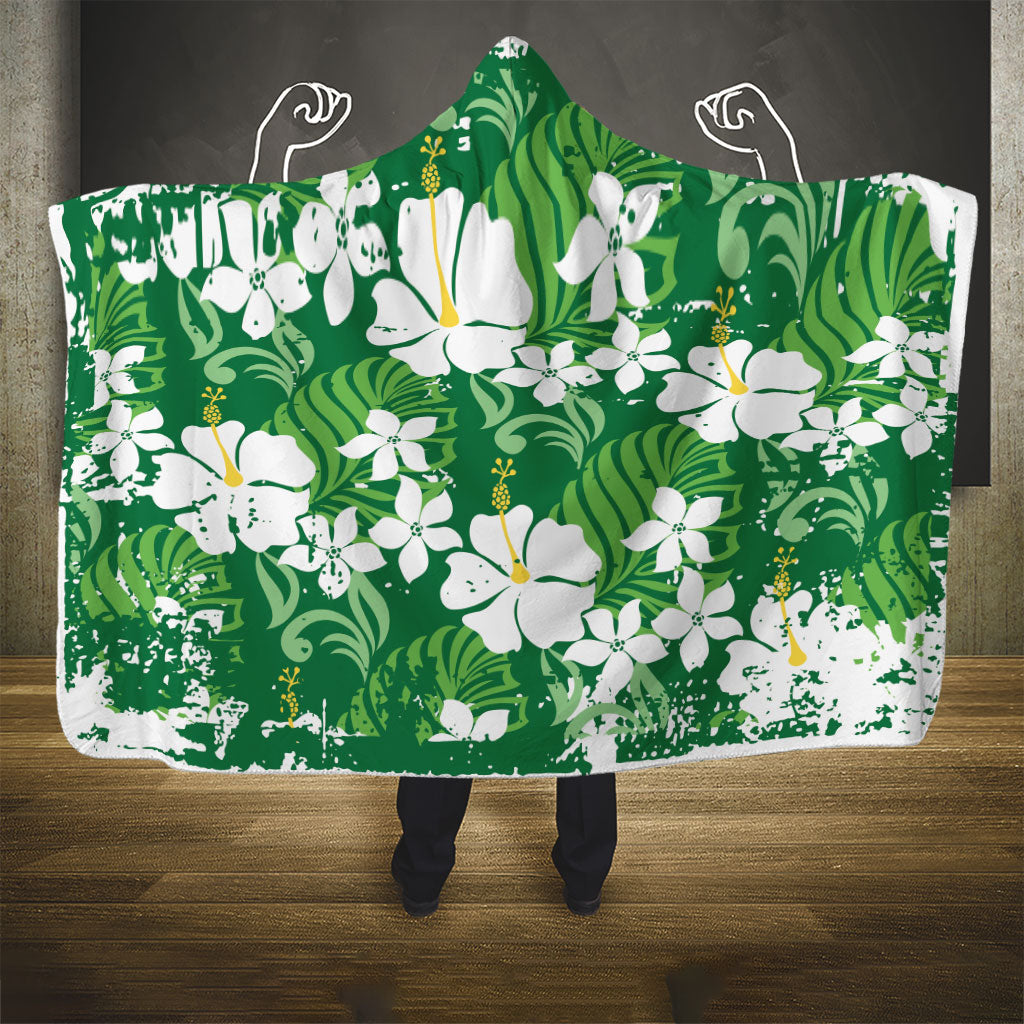 Green Hawaiian Hibiscus Monstera Hooded Blanket Grunge Stylized LT01 - Polynesian Pride