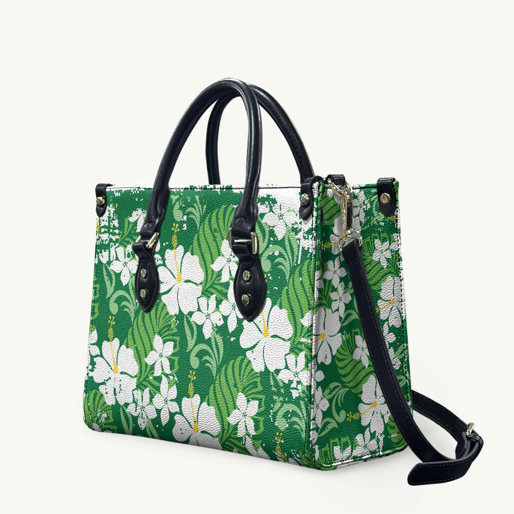 Green Hawaiian Hibiscus Monstera Leather Bag Grunge Stylized