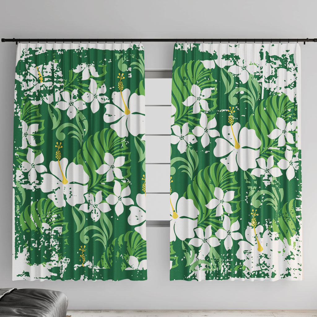 Green Hawaiian Hibiscus Monstera Window Curtain Grunge Stylized