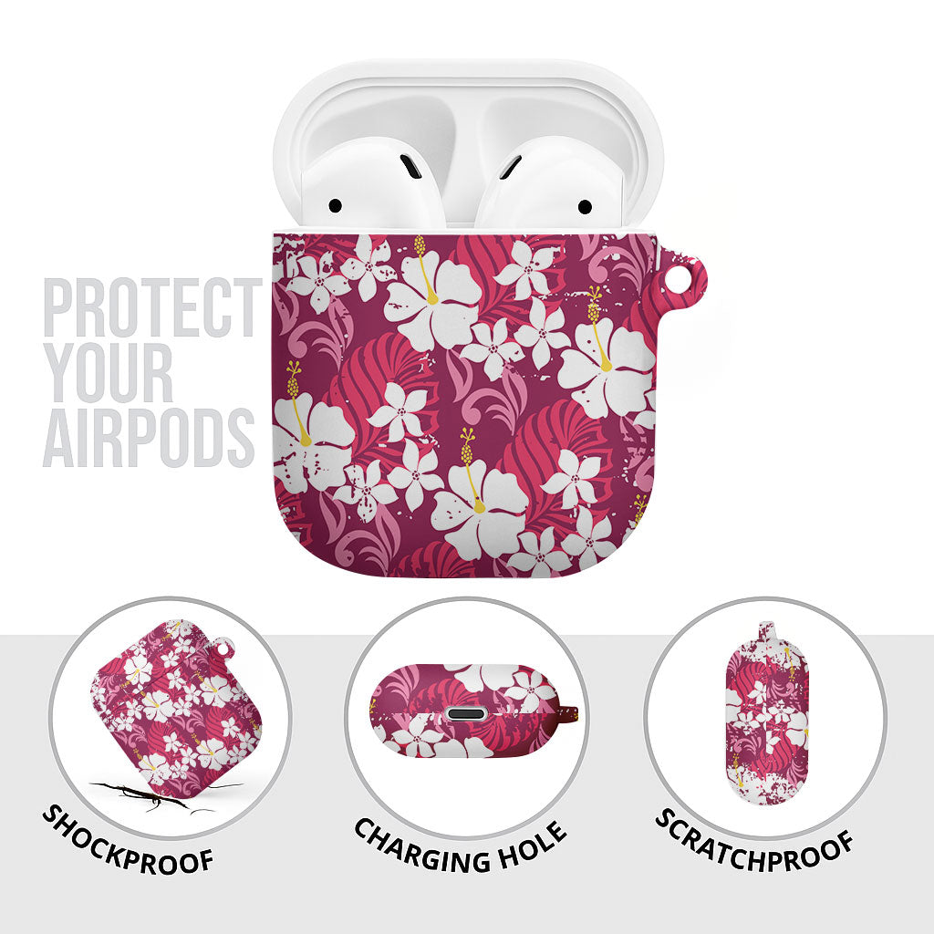 Pink Hawaiian Hibiscus Monstera AirPods Case Grunge Stylized LT01 - Polynesian Pride