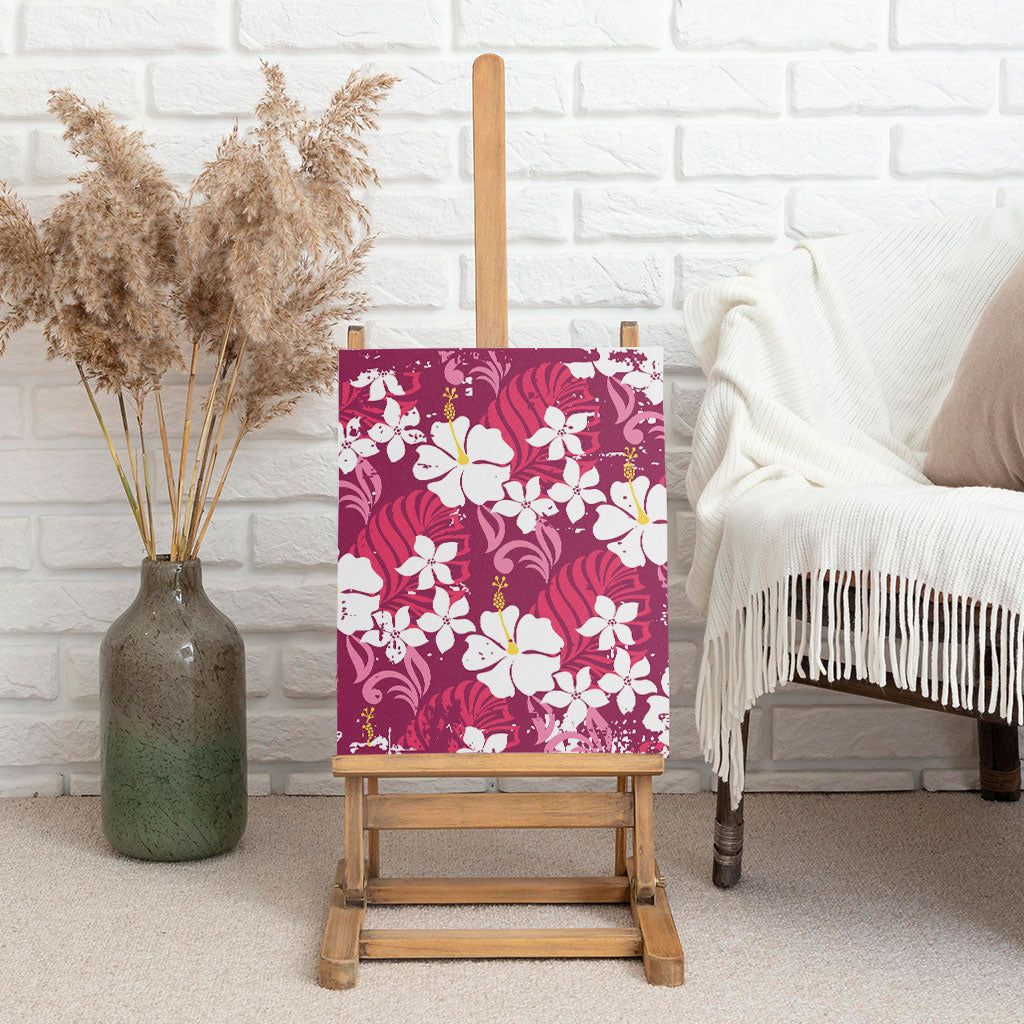 Pink Hawaiian Hibiscus Monstera Canvas Wall Art Grunge Stylized LT01 - Polynesian Pride