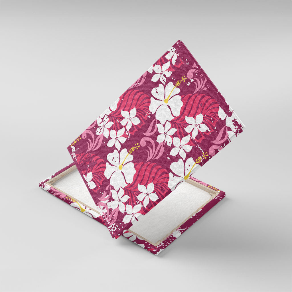Pink Hawaiian Hibiscus Monstera Canvas Wall Art Grunge Stylized LT01 With Frame Pink - Polynesian Pride
