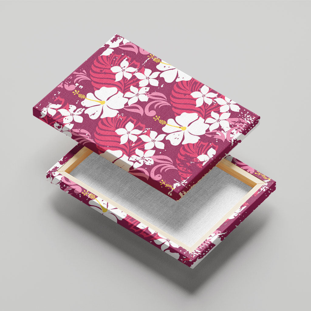 Pink Hawaiian Hibiscus Monstera Canvas Wall Art Grunge Stylized LT01 - Polynesian Pride