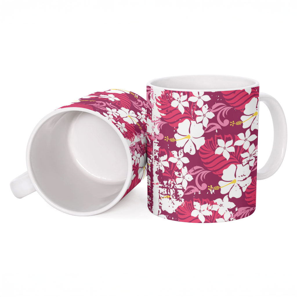 Pink Hawaiian Hibiscus Monstera Ceramic Mug Grunge Stylized LT01 - Polynesian Pride