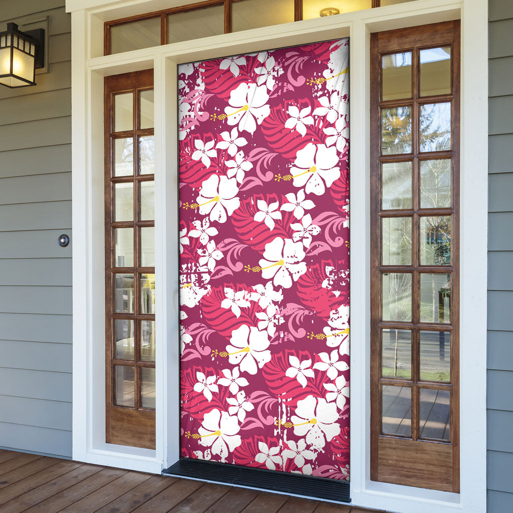 Pink Hawaiian Hibiscus Monstera Door Cover Grunge Stylized LT01 - Polynesian Pride