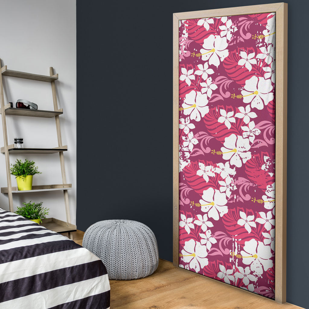 Pink Hawaiian Hibiscus Monstera Door Cover Grunge Stylized LT01 - Polynesian Pride