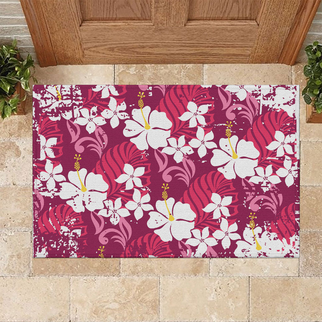 Pink Hawaiian Hibiscus Monstera Rubber Doormat Grunge Stylized LT01 Pink - Polynesian Pride
