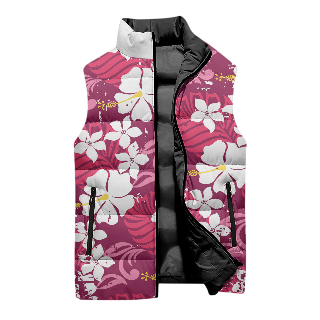 Pink Hawaiian Hibiscus Monstera Sleeveless Puffer Jacket Grunge Stylized LT01 - Polynesian Pride