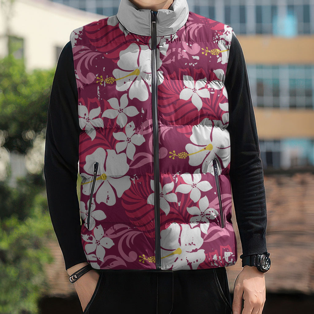 Pink Hawaiian Hibiscus Monstera Sleeveless Puffer Jacket Grunge Stylized LT01 - Polynesian Pride