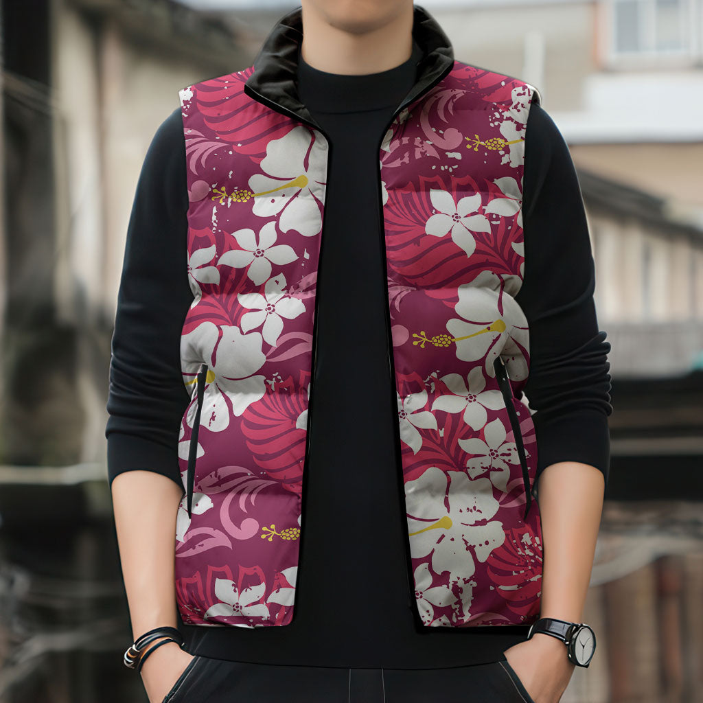 Pink Hawaiian Hibiscus Monstera Sleeveless Puffer Jacket Grunge Stylized LT01 - Polynesian Pride