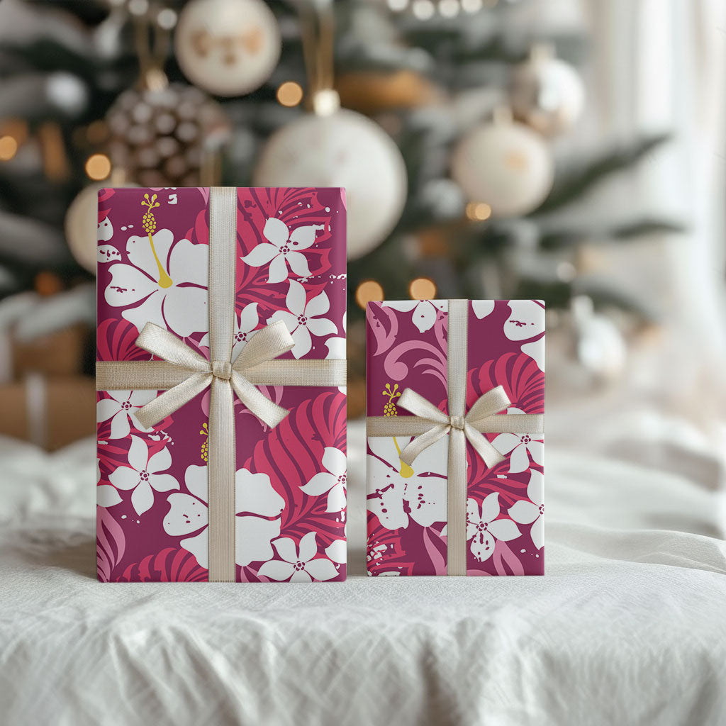 Pink Hawaiian Hibiscus Monstera Wrapping Paper Grunge Stylized LT01 - Polynesian Pride