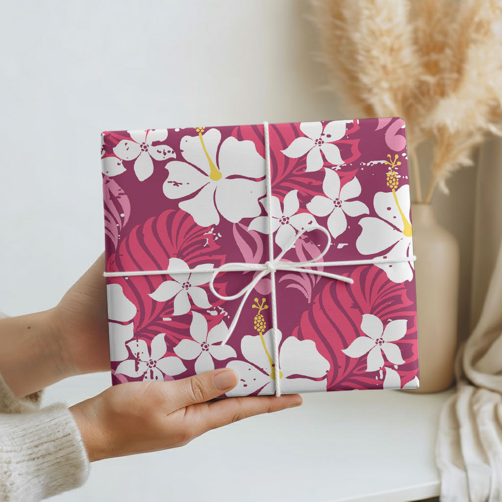 Pink Hawaiian Hibiscus Monstera Wrapping Paper Grunge Stylized LT01 - Polynesian Pride