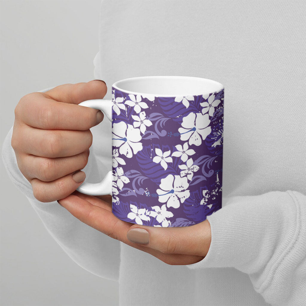 Purple Hawaiian Hibiscus Monstera Ceramic Mug Grunge Stylized LT01 - Polynesian Pride