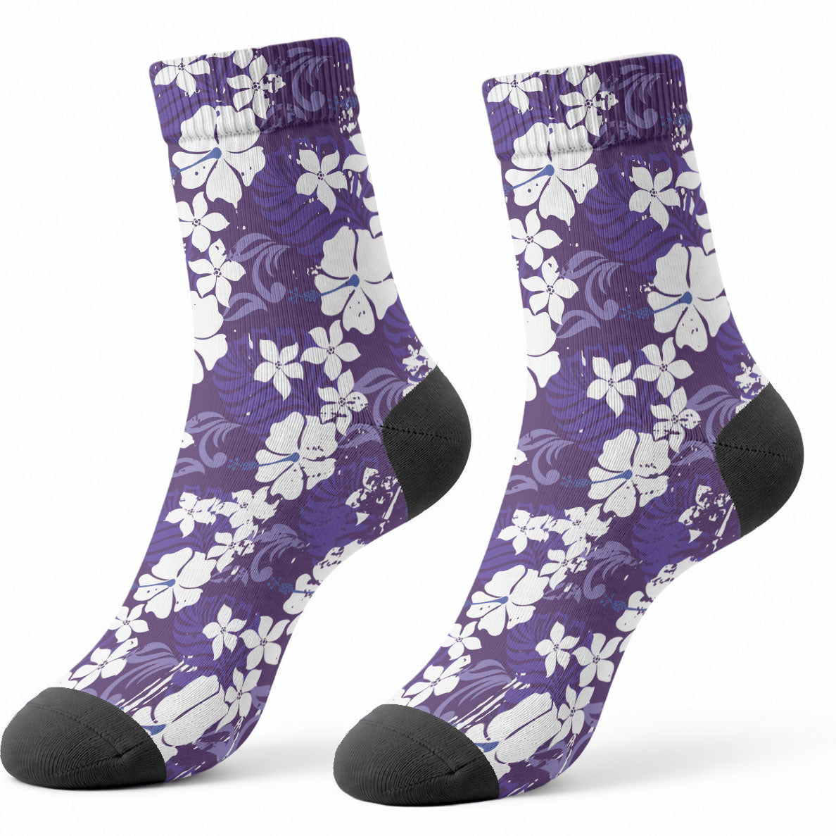 Purple Hawaiian Hibiscus Monstera Crew Socks Grunge Stylized LT01 - Polynesian Pride