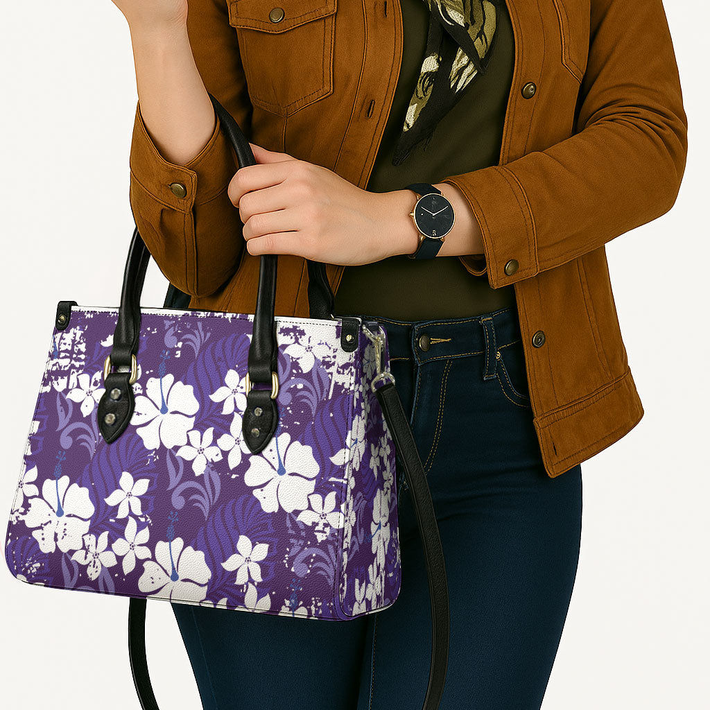 Purple Hawaiian Hibiscus Monstera Leather Bag Grunge Stylized LT01 - Polynesian Pride
