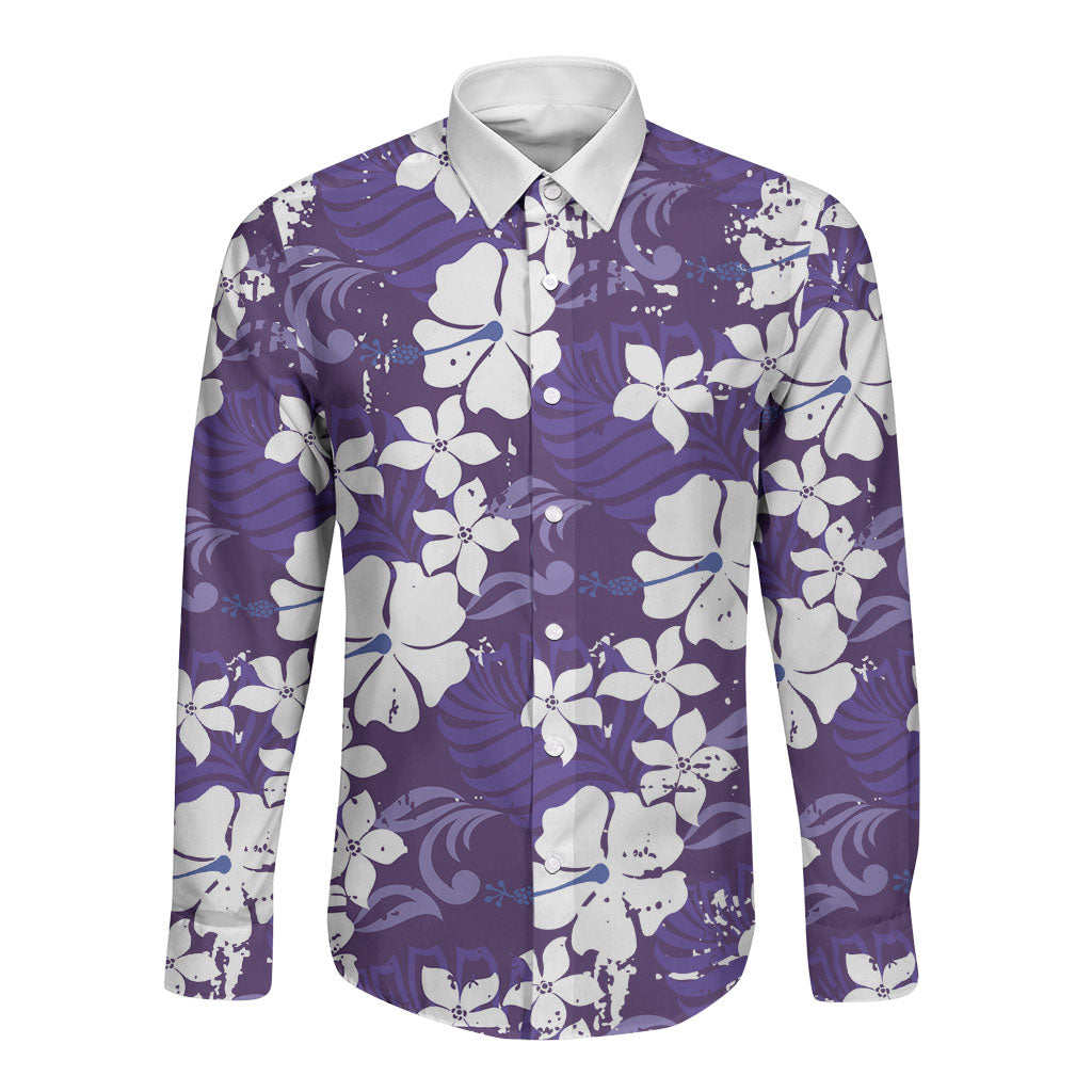 Purple Hawaiian Hibiscus Monstera Long Sleeve Button Shirt Grunge Stylized LT01 Unisex Purple - Polynesian Pride