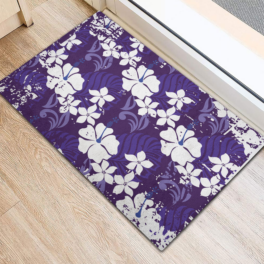 Purple Hawaiian Hibiscus Monstera Rubber Doormat Grunge Stylized LT01 - Polynesian Pride