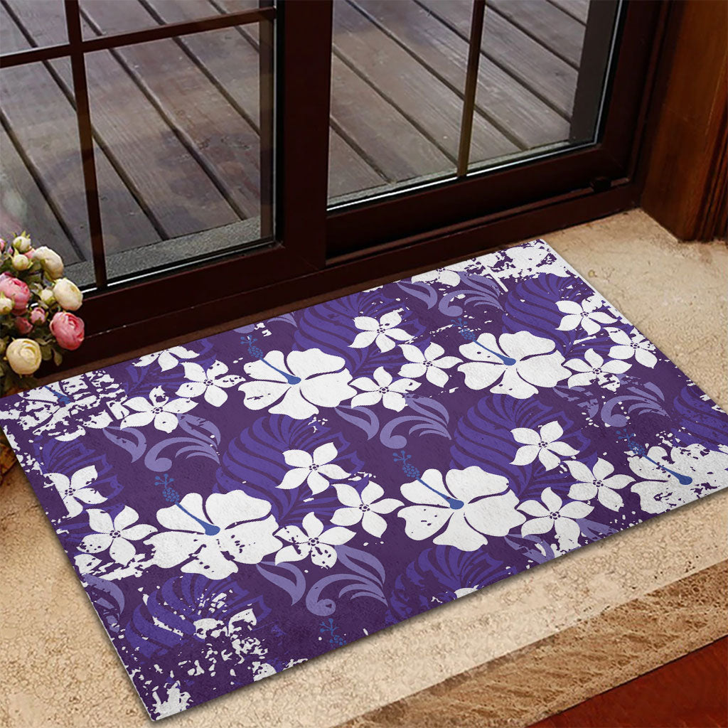 Purple Hawaiian Hibiscus Monstera Rubber Doormat Grunge Stylized LT01 - Polynesian Pride