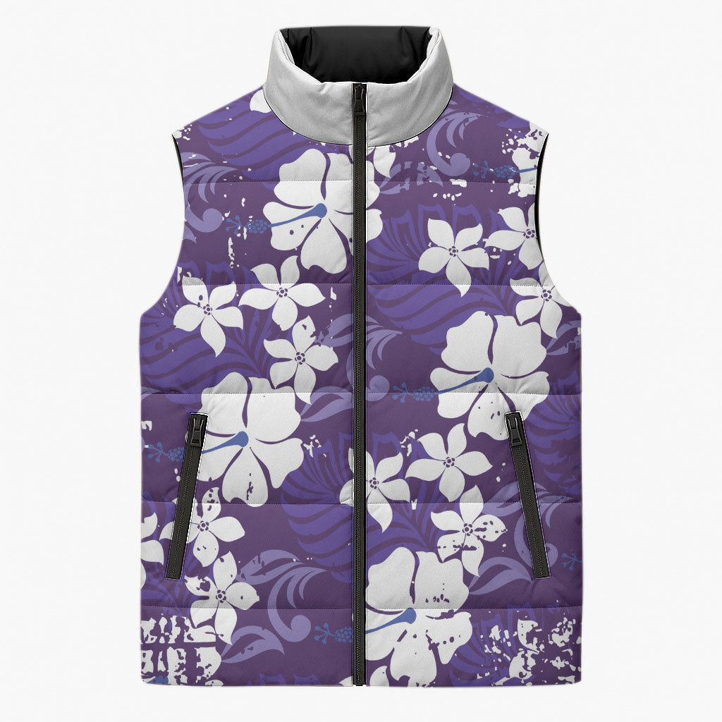 Purple Hawaiian Hibiscus Monstera Sleeveless Puffer Jacket Grunge Stylized