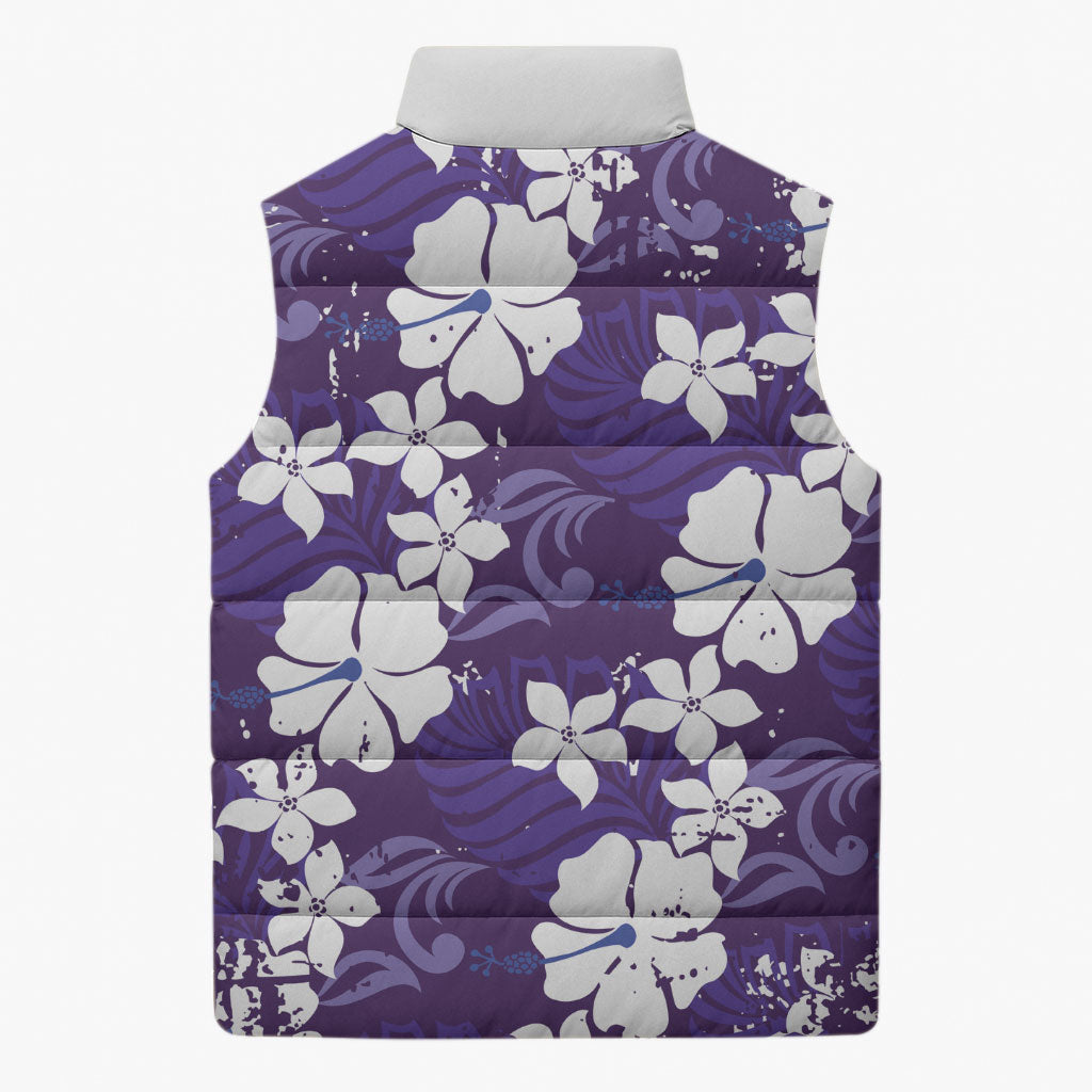 Purple Hawaiian Hibiscus Monstera Sleeveless Puffer Jacket Grunge Stylized LT01 - Polynesian Pride