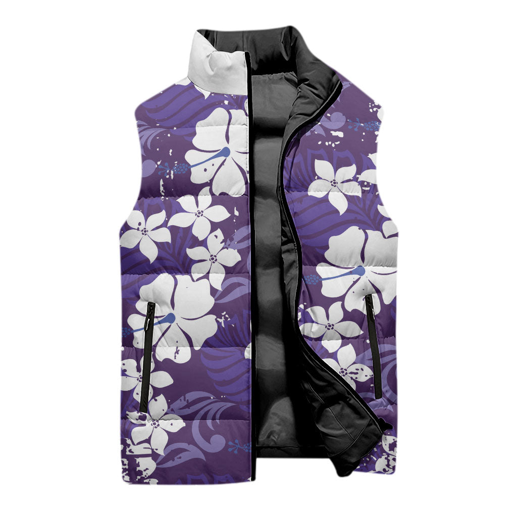 Purple Hawaiian Hibiscus Monstera Sleeveless Puffer Jacket Grunge Stylized LT01 - Polynesian Pride