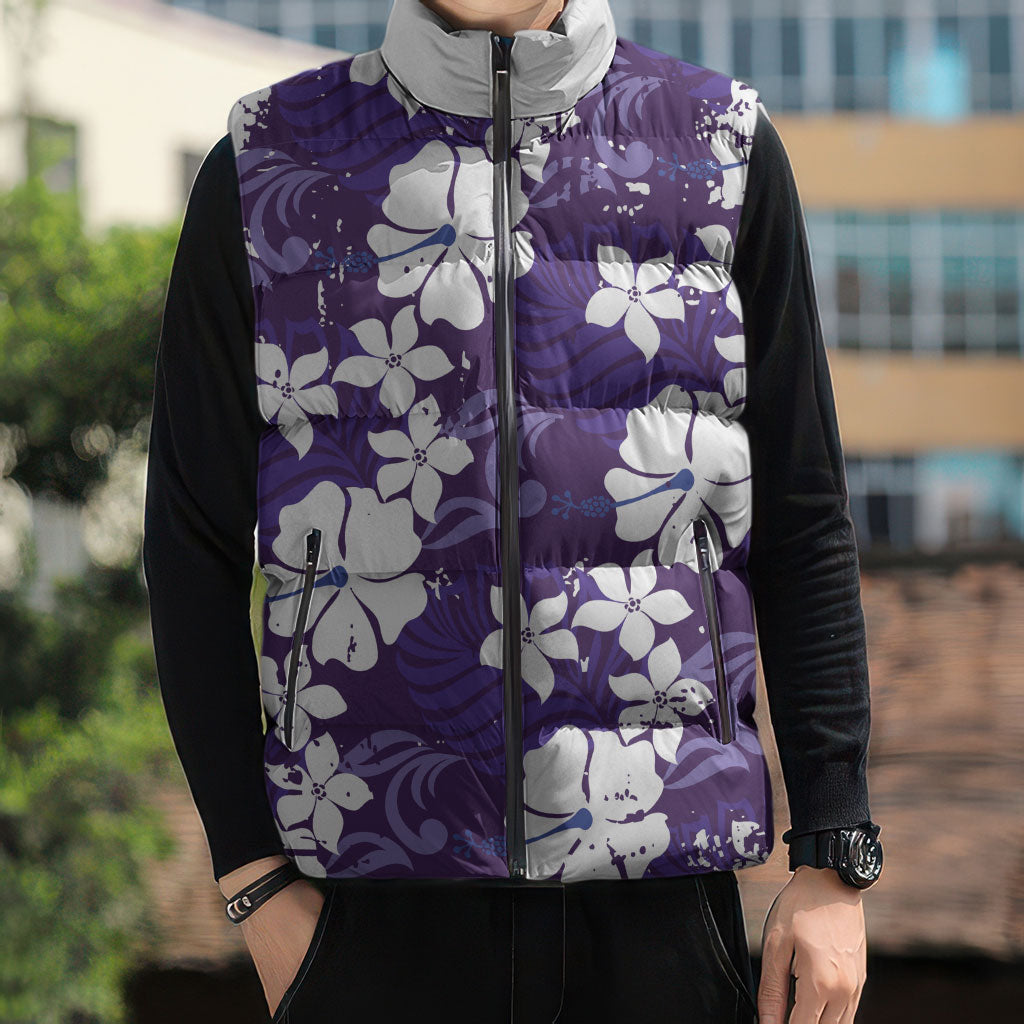 Purple Hawaiian Hibiscus Monstera Sleeveless Puffer Jacket Grunge Stylized LT01 - Polynesian Pride