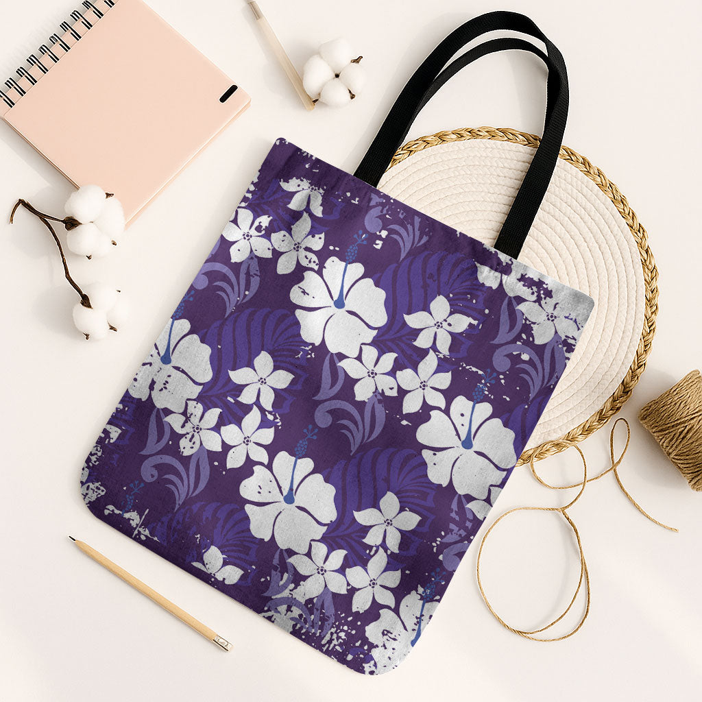 Purple Hawaiian Hibiscus Monstera Tote Bag Grunge Stylized LT01 Black Strap One Size Purple - Polynesian Pride