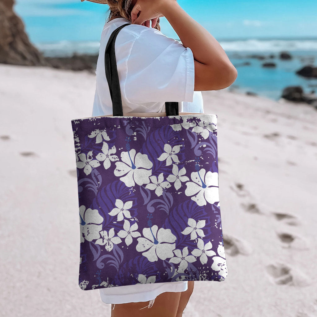 Purple Hawaiian Hibiscus Monstera Tote Bag Grunge Stylized LT01 - Polynesian Pride