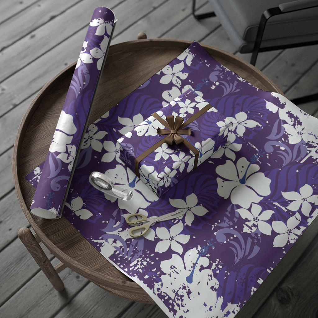 Purple Hawaiian Hibiscus Monstera Wrapping Paper Grunge Stylized LT01 - Polynesian Pride