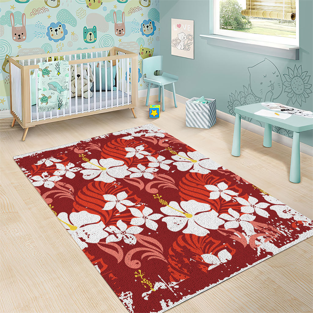 Red Hawaiian Hibiscus Monstera Area Rug Grunge Stylized LT01 - Polynesian Pride