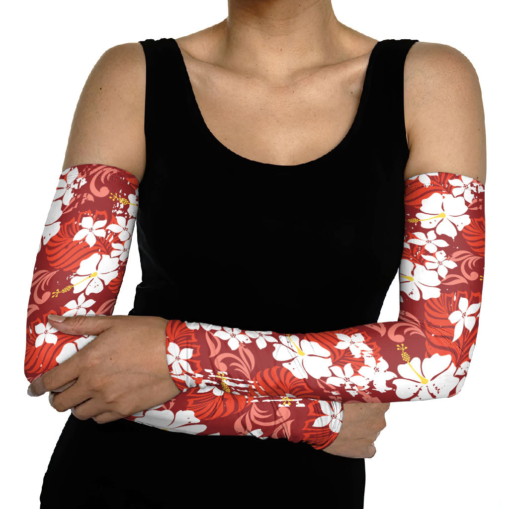 Red Hawaiian Hibiscus Monstera Arm Sleeves Grunge Stylized LT01 - Polynesian Pride