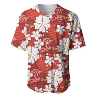 Red Hawaiian Hibiscus Monstera Baseball Jersey Grunge Stylized LT01 Red - Polynesian Pride