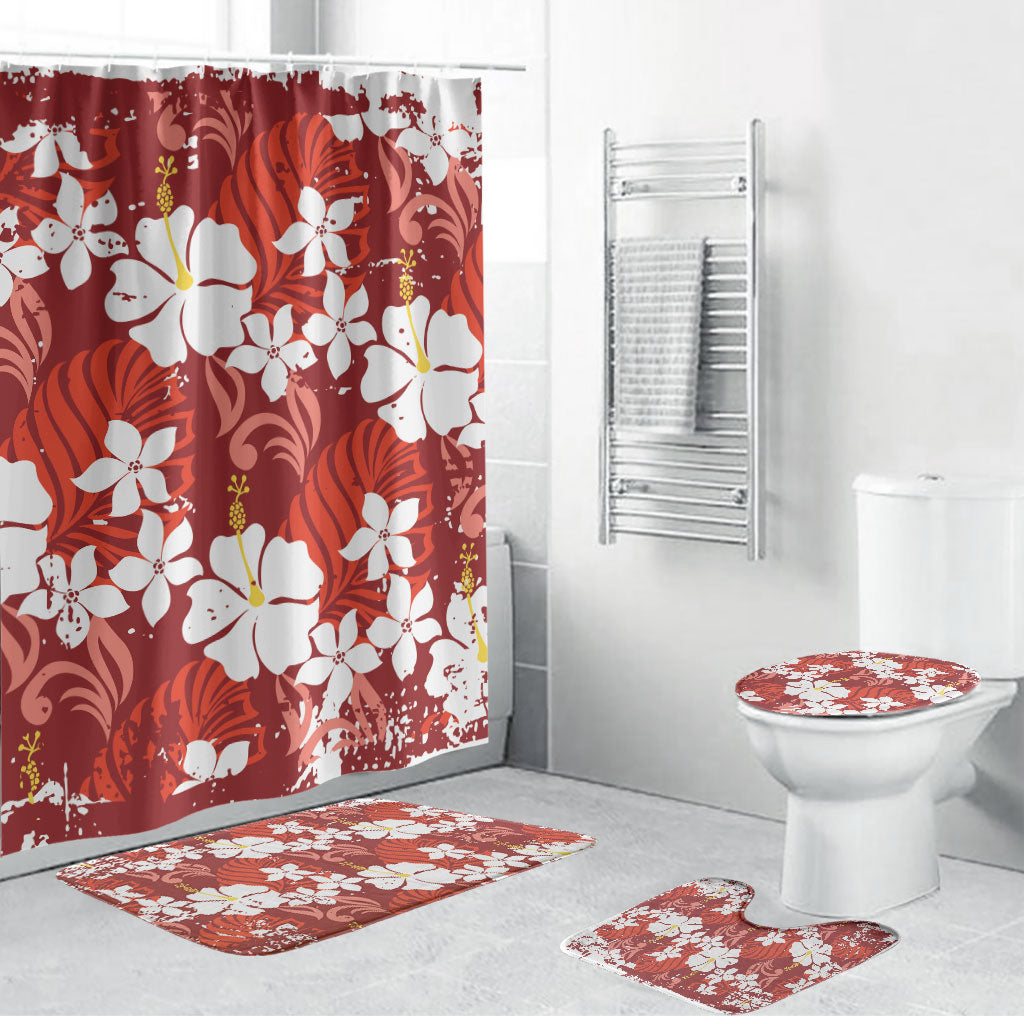 Red Hawaiian Hibiscus Monstera Bathroom Set Grunge Stylized LT01 Bathroom Set (4 pcs) Red - Polynesian Pride